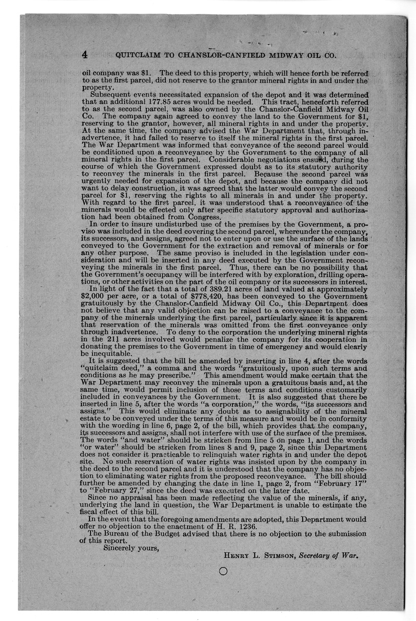 Memorandum from Harold D. Smith to M. C. Latta, H. R. 1236, To Authorize the Secretary of War to Quitclaim to Chanslor-Canfield Midway Oil Company Subsurface Mineral and Water Rights in Two Hundred and Eleven and Thirty-six One-Hundredths Acres of Land in the County of Los Angeles, California, with Attachments