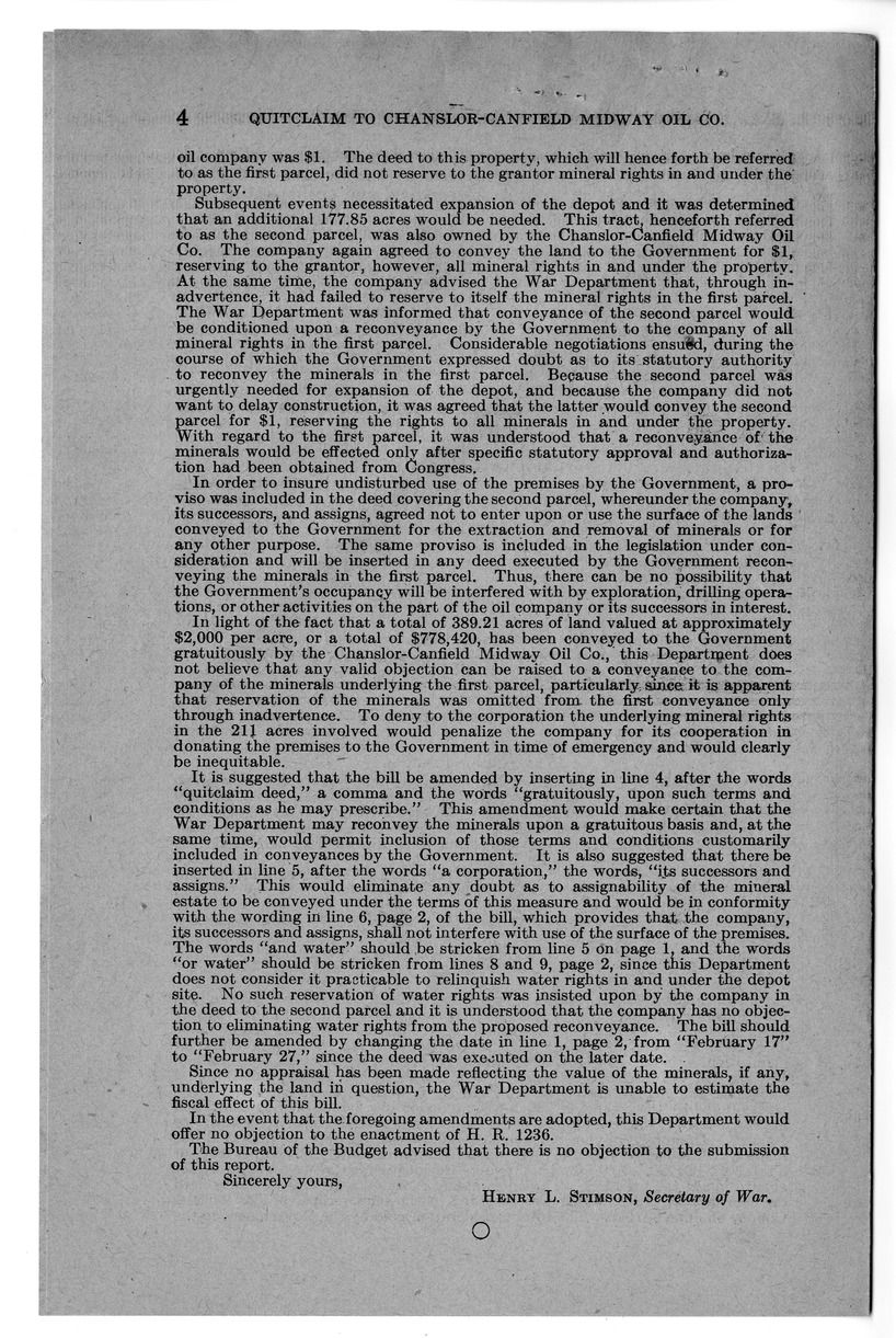 Memorandum from Harold D. Smith to M. C. Latta, H. R. 1236, To Authorize the Secretary of War to Quitclaim to Chanslor-Canfield Midway Oil Company Subsurface Mineral and Water Rights in Two Hundred and Eleven and Thirty-six One-Hundredths Acres of Land in the County of Los Angeles, California, with Attachments