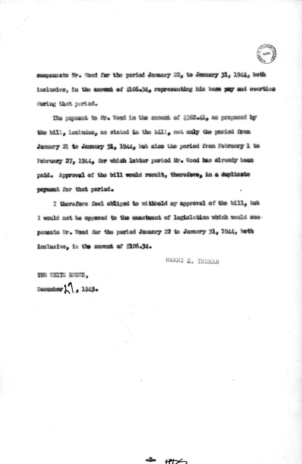 Memorandum from Harold D. Smith to M. C. Latta, H. R. 1481, For the Relief of R. W. Wood, with Attachments