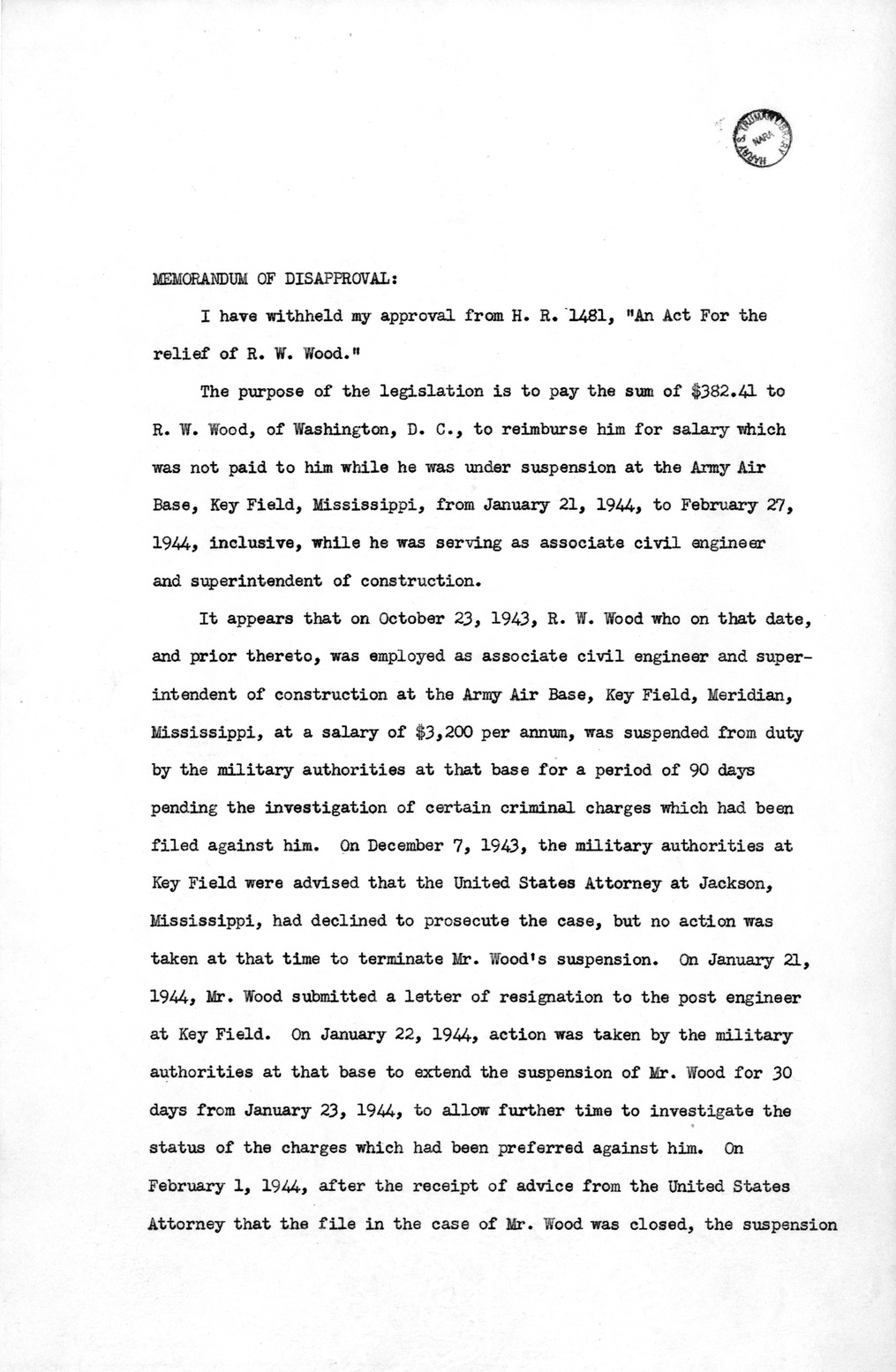 Memorandum from Harold D. Smith to M. C. Latta, H. R. 1481, For the Relief of R. W. Wood, with Attachments