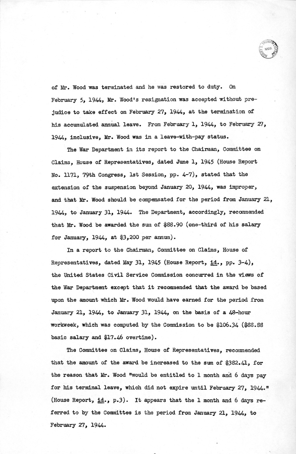 Memorandum from Harold D. Smith to M. C. Latta, H. R. 1481, For the Relief of R. W. Wood, with Attachments