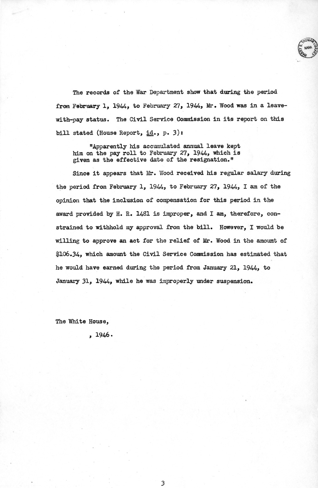 Memorandum from Harold D. Smith to M. C. Latta, H. R. 1481, For the Relief of R. W. Wood, with Attachments