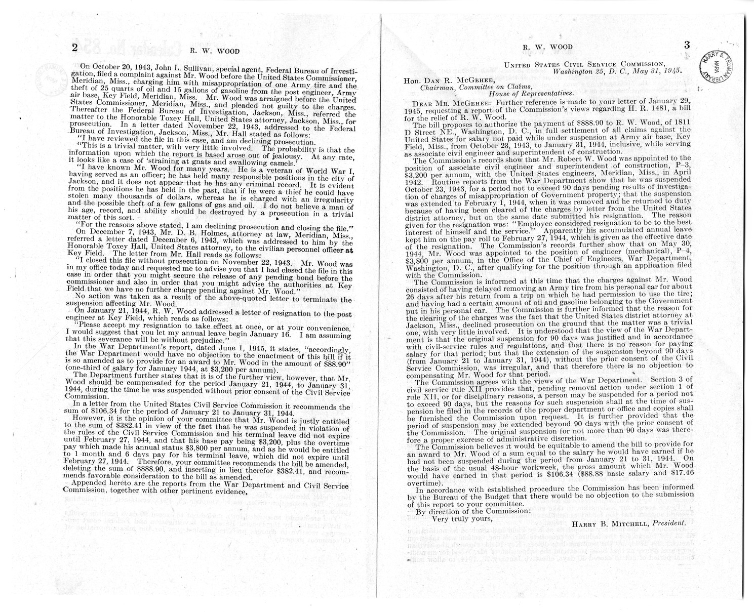 Memorandum from Harold D. Smith to M. C. Latta, H. R. 1481, For the Relief of R. W. Wood, with Attachments