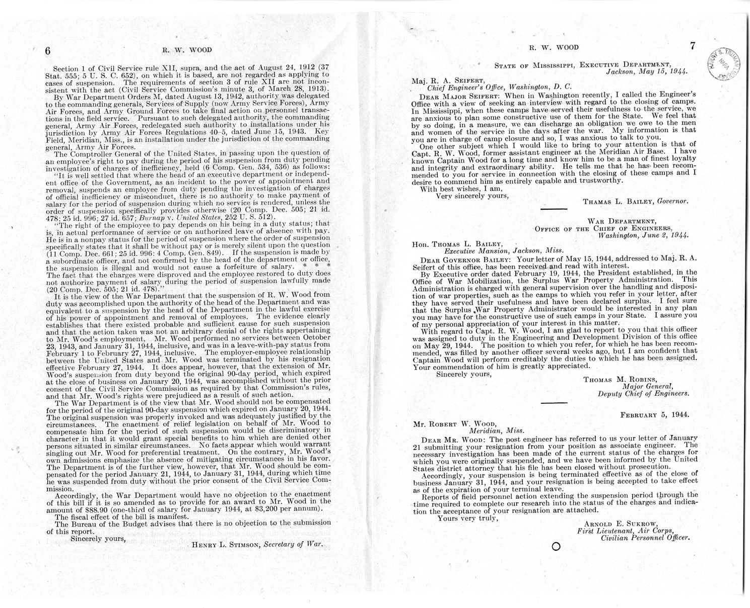 Memorandum from Harold D. Smith to M. C. Latta, H. R. 1481, For the Relief of R. W. Wood, with Attachments