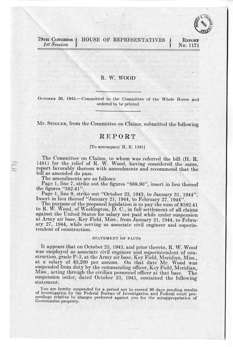 Memorandum from Harold D. Smith to M. C. Latta, H. R. 1481, For the Relief of R. W. Wood, with Attachments