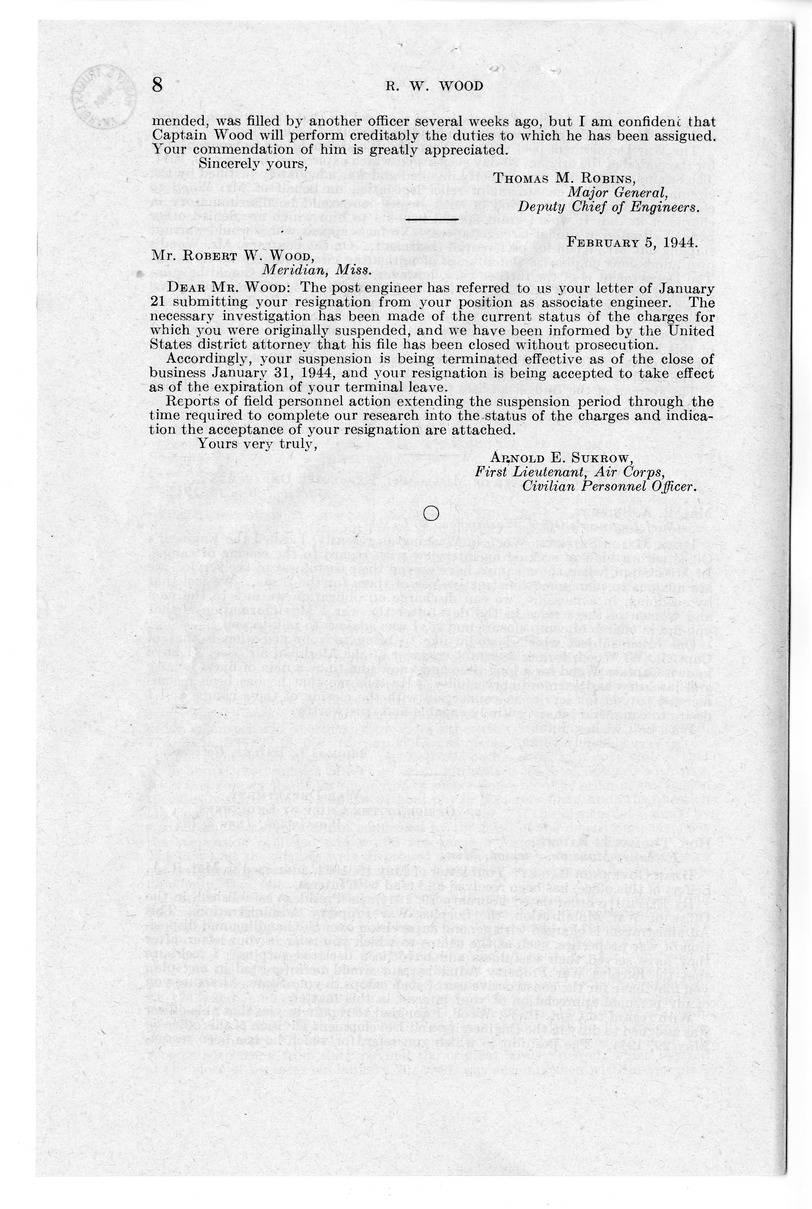 Memorandum from Harold D. Smith to M. C. Latta, H. R. 1481, For the Relief of R. W. Wood, with Attachments