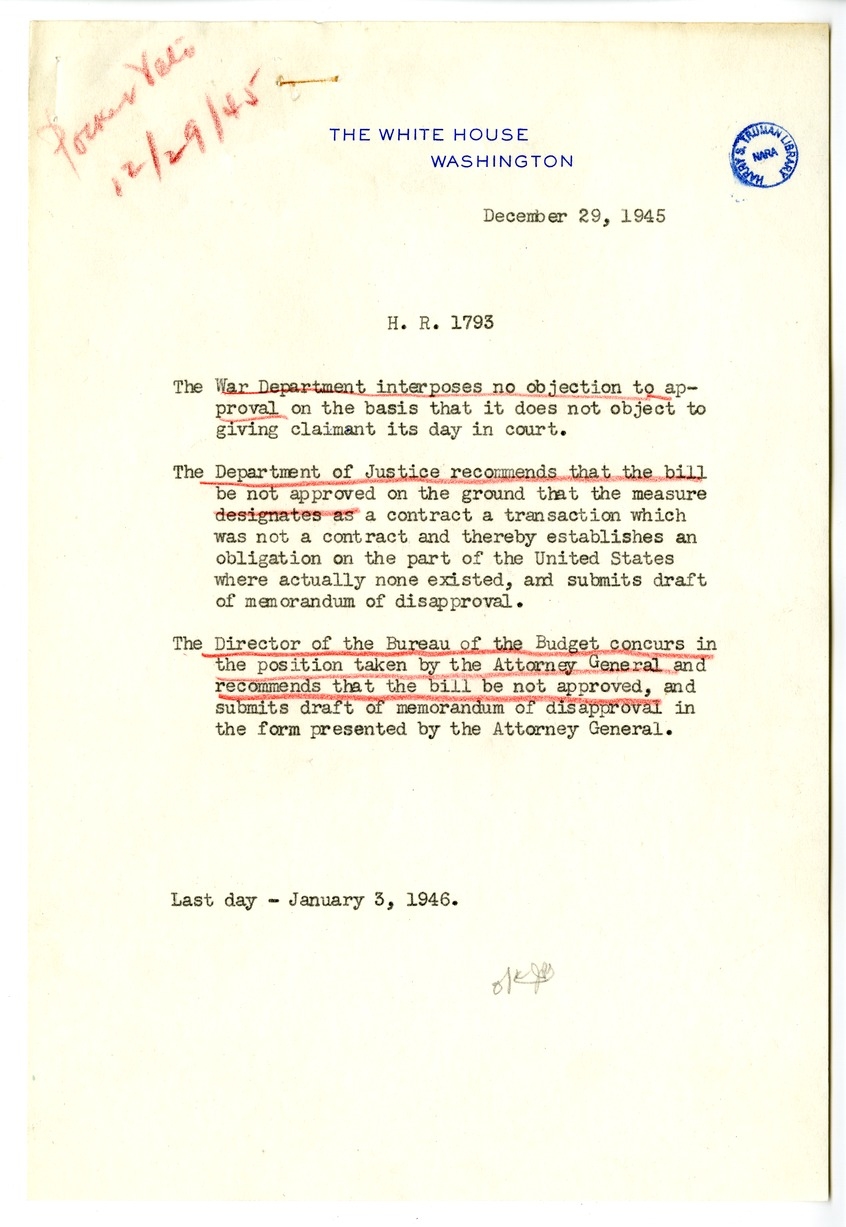 Memorandum from Harold D. Smith to M. C. Latta, H. R. 1793, To Confer Jurisdiction Upon the United States District Court for the Eastern District of South Carolina to Hear, Determine, and Render Judgment Upon the Claim of the Board of Trustees of the Saunders Memorial Hospital, with Attachments