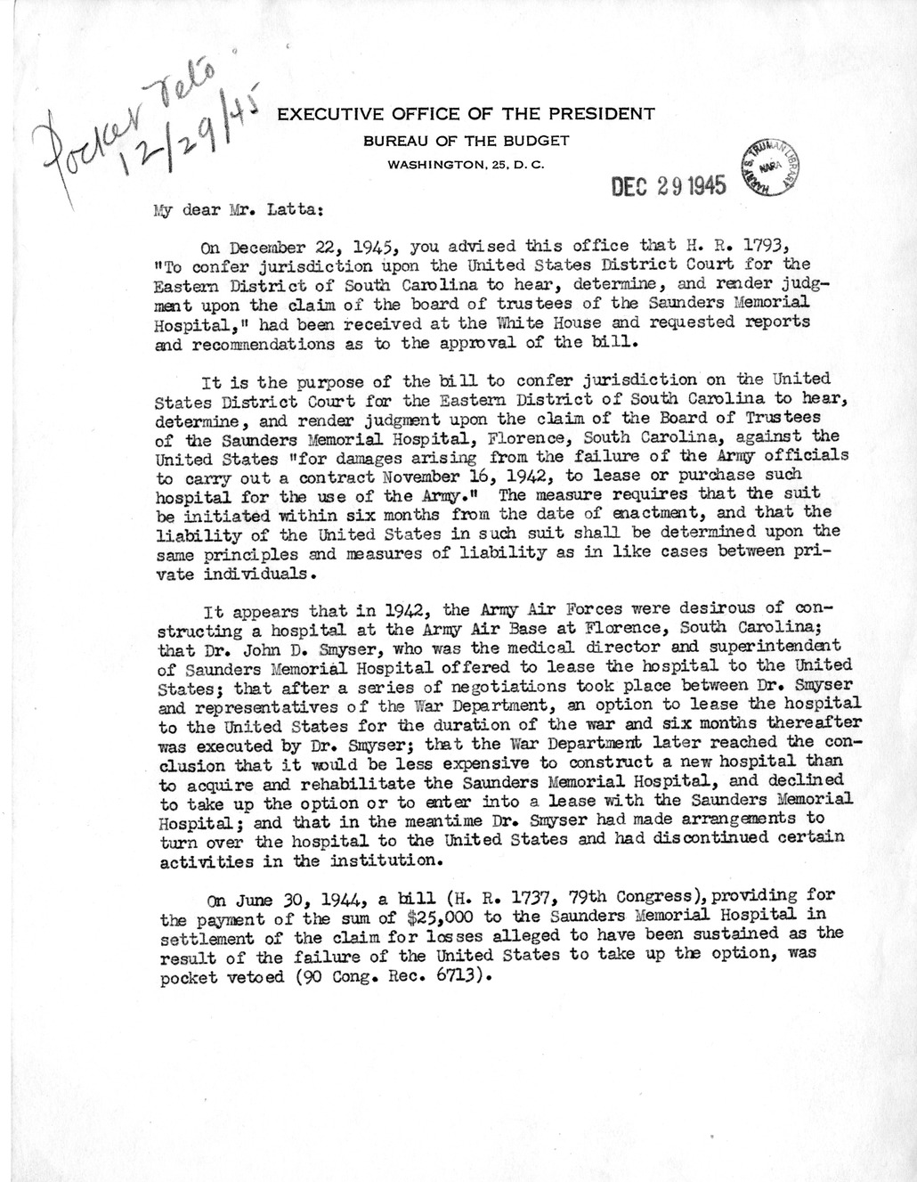 Memorandum from Harold D. Smith to M. C. Latta, H. R. 1793, To Confer Jurisdiction Upon the United States District Court for the Eastern District of South Carolina to Hear, Determine, and Render Judgment Upon the Claim of the Board of Trustees of the Saunders Memorial Hospital, with Attachments