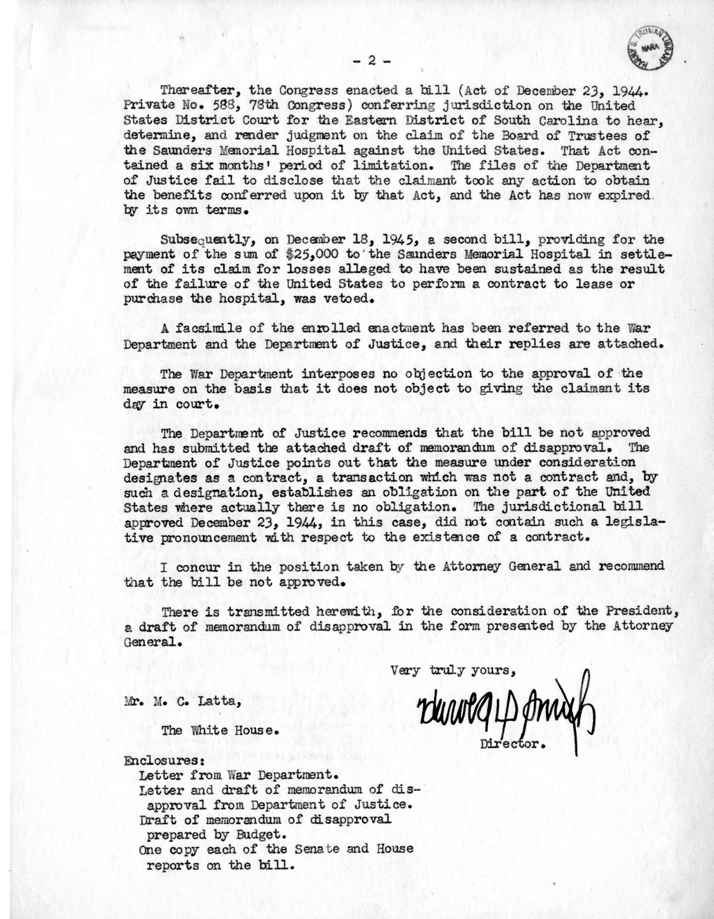 Memorandum from Harold D. Smith to M. C. Latta, H. R. 1793, To Confer Jurisdiction Upon the United States District Court for the Eastern District of South Carolina to Hear, Determine, and Render Judgment Upon the Claim of the Board of Trustees of the Saunders Memorial Hospital, with Attachments