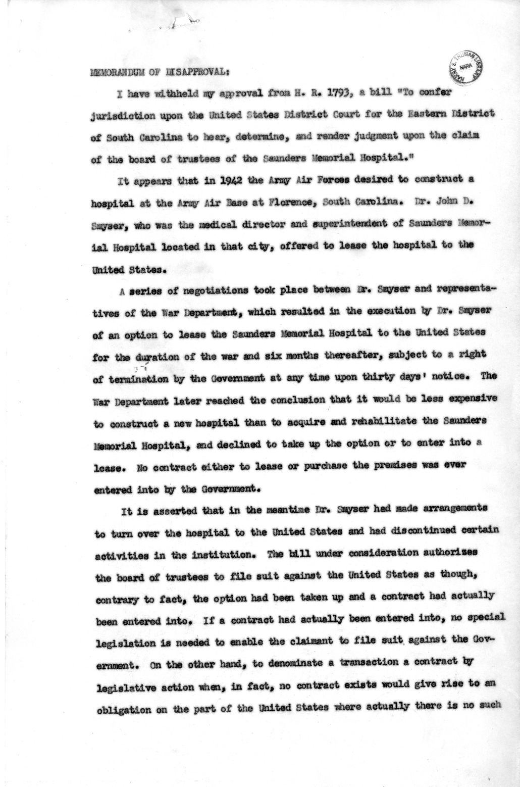 Memorandum from Harold D. Smith to M. C. Latta, H. R. 1793, To Confer Jurisdiction Upon the United States District Court for the Eastern District of South Carolina to Hear, Determine, and Render Judgment Upon the Claim of the Board of Trustees of the Saunders Memorial Hospital, with Attachments