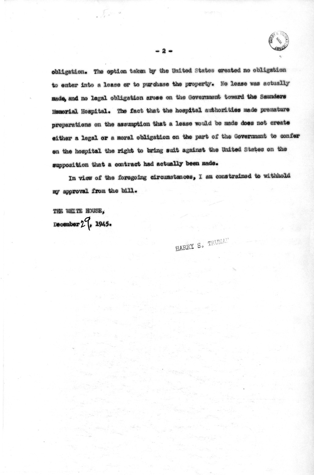 Memorandum from Harold D. Smith to M. C. Latta, H. R. 1793, To Confer Jurisdiction Upon the United States District Court for the Eastern District of South Carolina to Hear, Determine, and Render Judgment Upon the Claim of the Board of Trustees of the Saunders Memorial Hospital, with Attachments