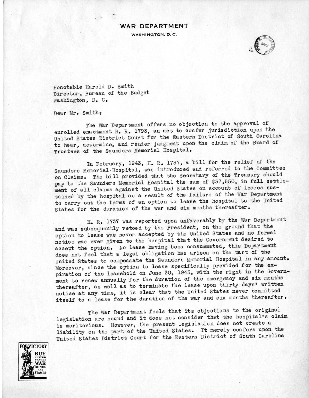 Memorandum from Harold D. Smith to M. C. Latta, H. R. 1793, To Confer Jurisdiction Upon the United States District Court for the Eastern District of South Carolina to Hear, Determine, and Render Judgment Upon the Claim of the Board of Trustees of the Saunders Memorial Hospital, with Attachments