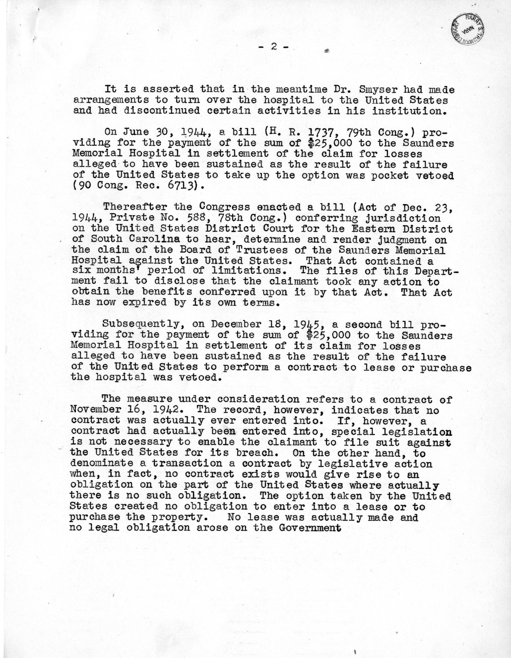 Memorandum from Harold D. Smith to M. C. Latta, H. R. 1793, To Confer Jurisdiction Upon the United States District Court for the Eastern District of South Carolina to Hear, Determine, and Render Judgment Upon the Claim of the Board of Trustees of the Saunders Memorial Hospital, with Attachments