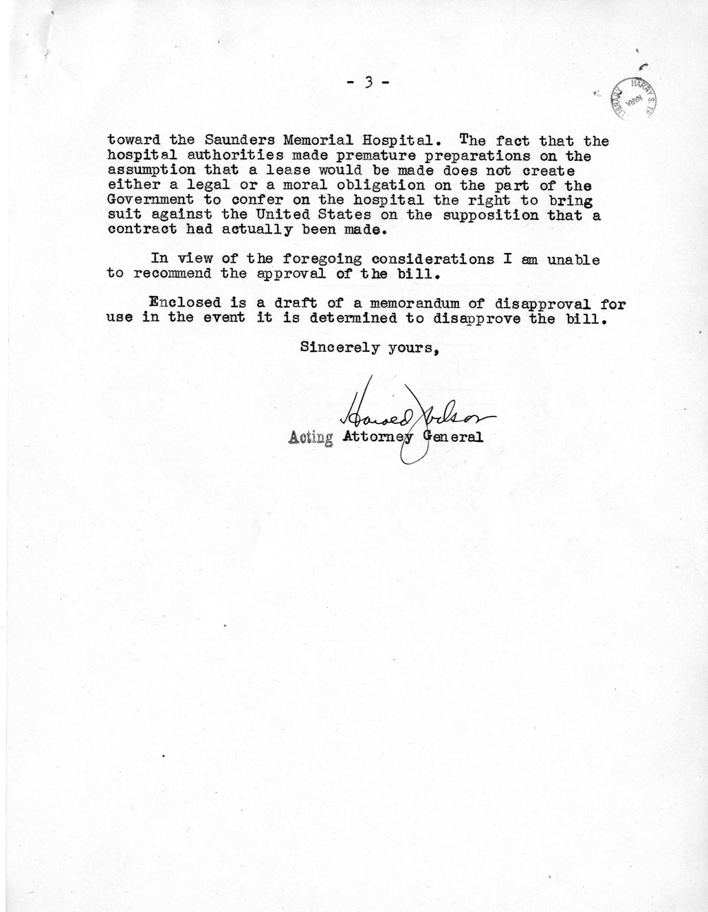 Memorandum from Harold D. Smith to M. C. Latta, H. R. 1793, To Confer Jurisdiction Upon the United States District Court for the Eastern District of South Carolina to Hear, Determine, and Render Judgment Upon the Claim of the Board of Trustees of the Saunders Memorial Hospital, with Attachments