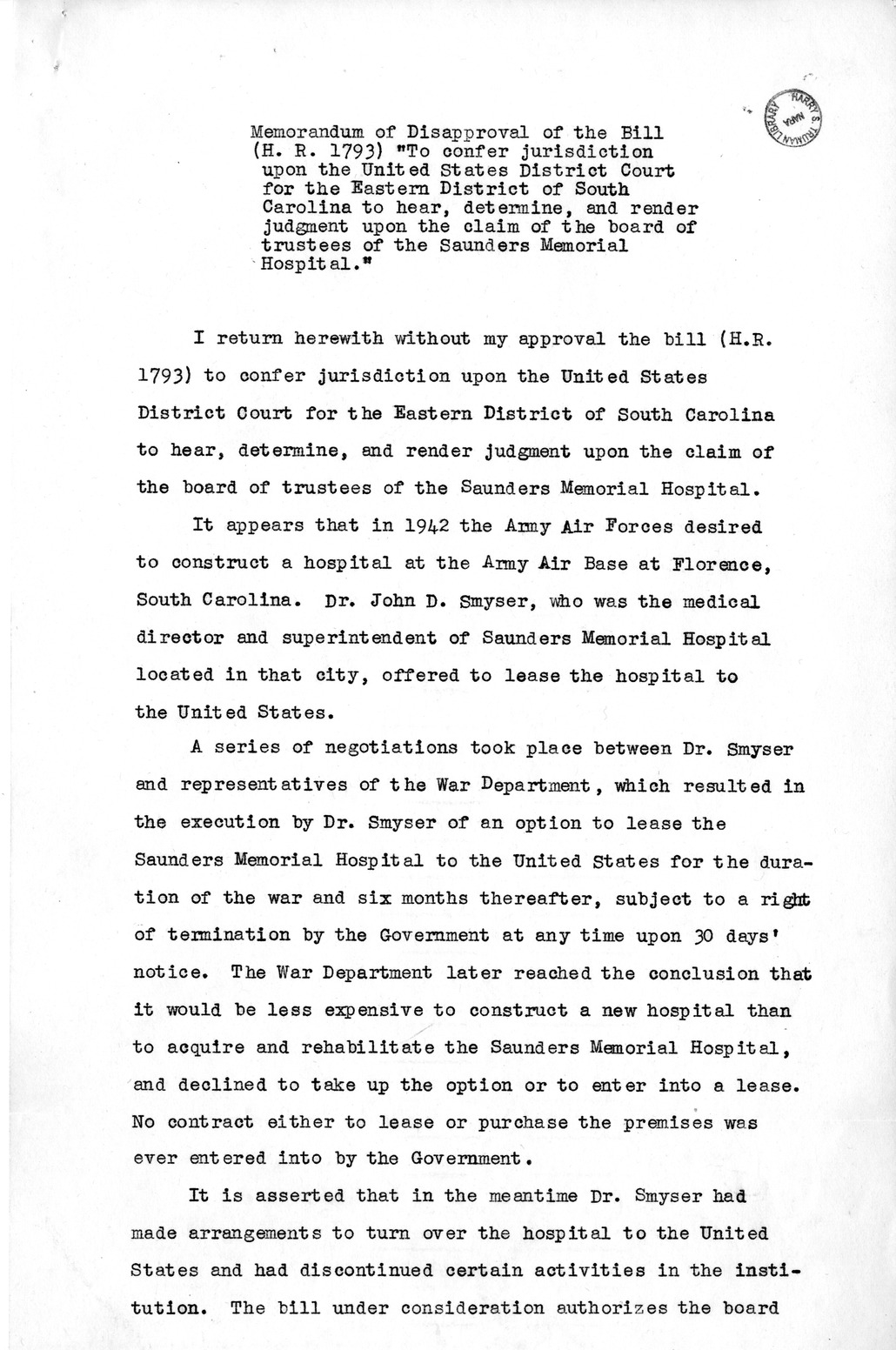 Memorandum from Harold D. Smith to M. C. Latta, H. R. 1793, To Confer Jurisdiction Upon the United States District Court for the Eastern District of South Carolina to Hear, Determine, and Render Judgment Upon the Claim of the Board of Trustees of the Saunders Memorial Hospital, with Attachments