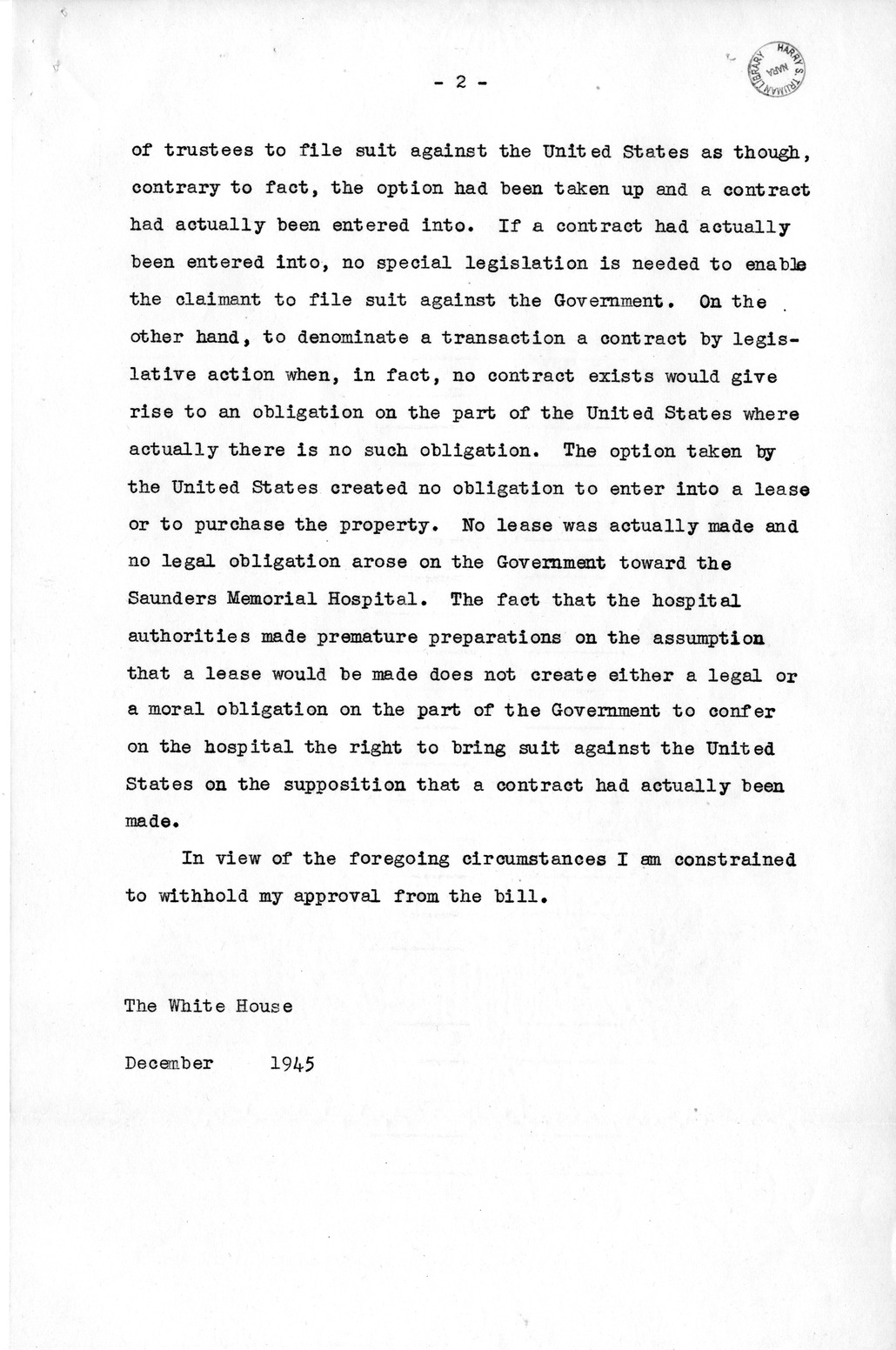 Memorandum from Harold D. Smith to M. C. Latta, H. R. 1793, To Confer Jurisdiction Upon the United States District Court for the Eastern District of South Carolina to Hear, Determine, and Render Judgment Upon the Claim of the Board of Trustees of the Saunders Memorial Hospital, with Attachments