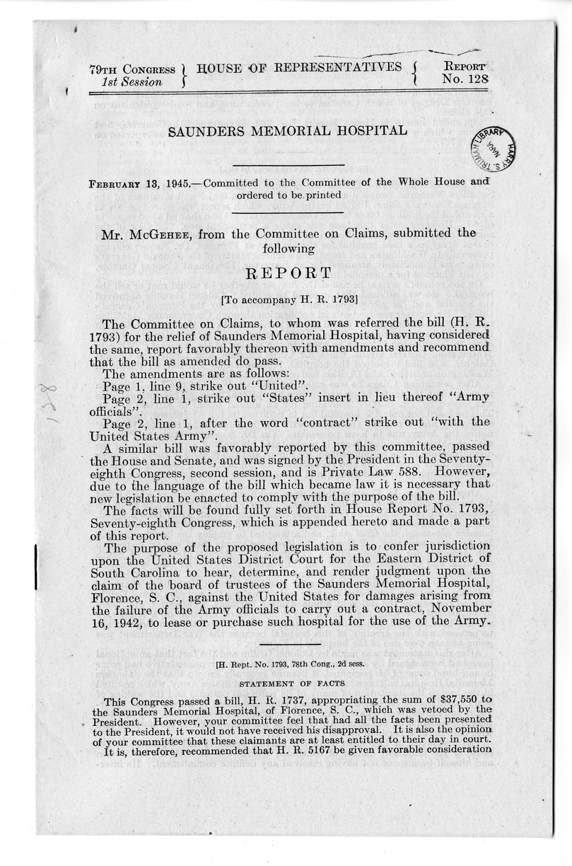 Memorandum from Harold D. Smith to M. C. Latta, H. R. 1793, To Confer Jurisdiction Upon the United States District Court for the Eastern District of South Carolina to Hear, Determine, and Render Judgment Upon the Claim of the Board of Trustees of the Saunders Memorial Hospital, with Attachments