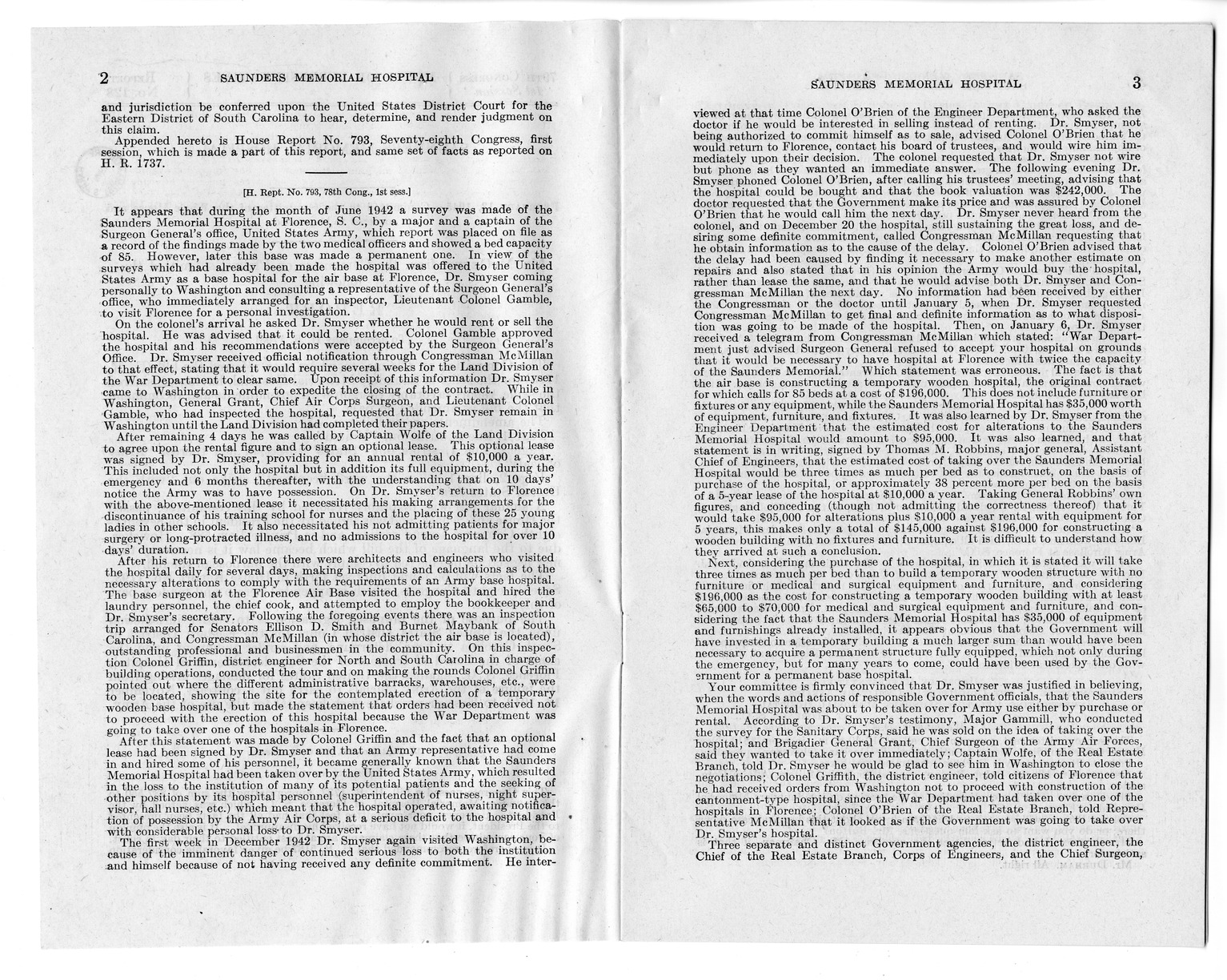 Memorandum from Harold D. Smith to M. C. Latta, H. R. 1793, To Confer Jurisdiction Upon the United States District Court for the Eastern District of South Carolina to Hear, Determine, and Render Judgment Upon the Claim of the Board of Trustees of the Saunders Memorial Hospital, with Attachments