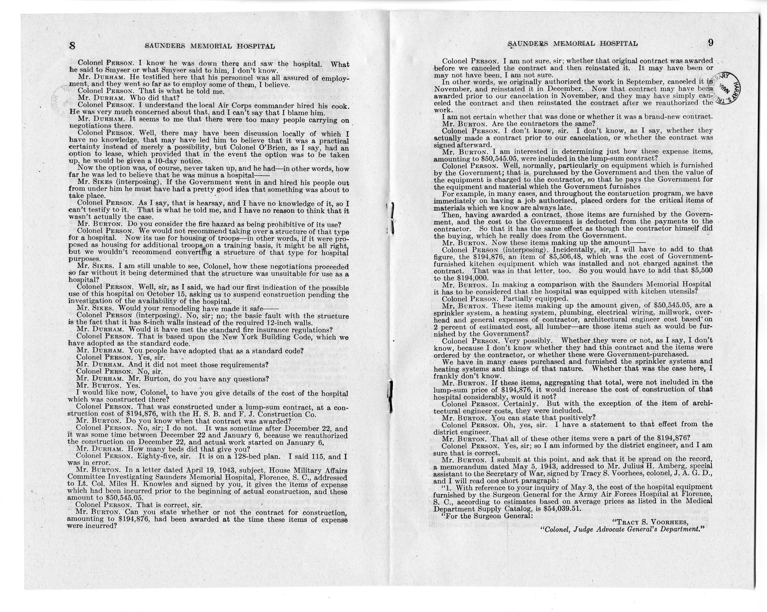 Memorandum from Harold D. Smith to M. C. Latta, H. R. 1793, To Confer Jurisdiction Upon the United States District Court for the Eastern District of South Carolina to Hear, Determine, and Render Judgment Upon the Claim of the Board of Trustees of the Saunders Memorial Hospital, with Attachments