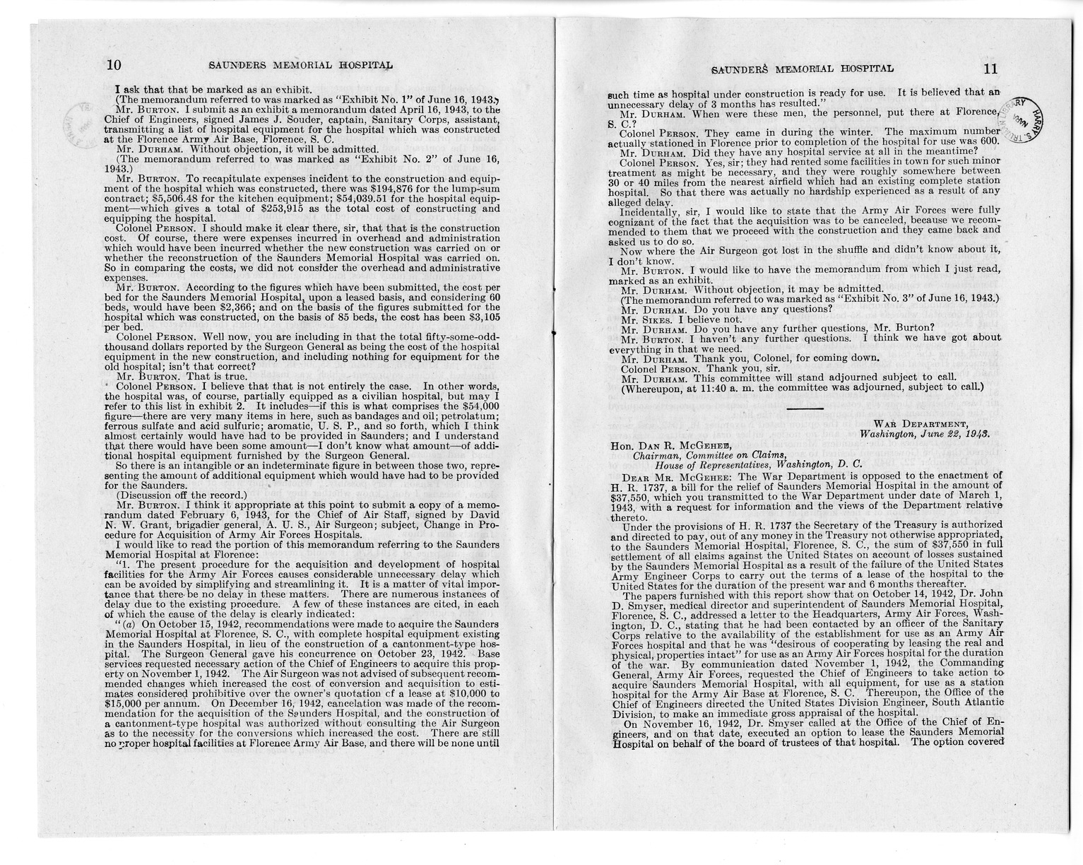 Memorandum from Harold D. Smith to M. C. Latta, H. R. 1793, To Confer Jurisdiction Upon the United States District Court for the Eastern District of South Carolina to Hear, Determine, and Render Judgment Upon the Claim of the Board of Trustees of the Saunders Memorial Hospital, with Attachments