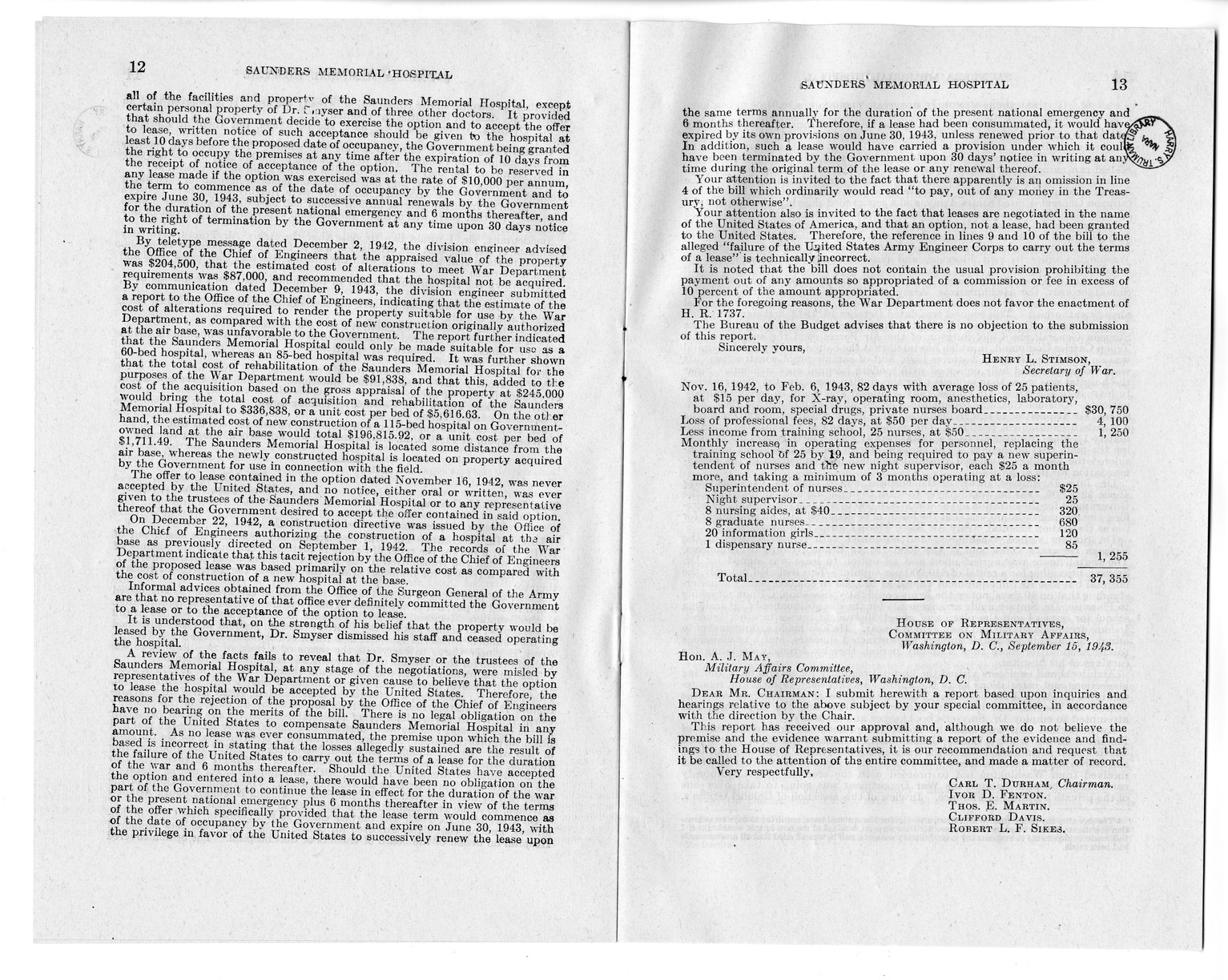 Memorandum from Harold D. Smith to M. C. Latta, H. R. 1793, To Confer Jurisdiction Upon the United States District Court for the Eastern District of South Carolina to Hear, Determine, and Render Judgment Upon the Claim of the Board of Trustees of the Saunders Memorial Hospital, with Attachments