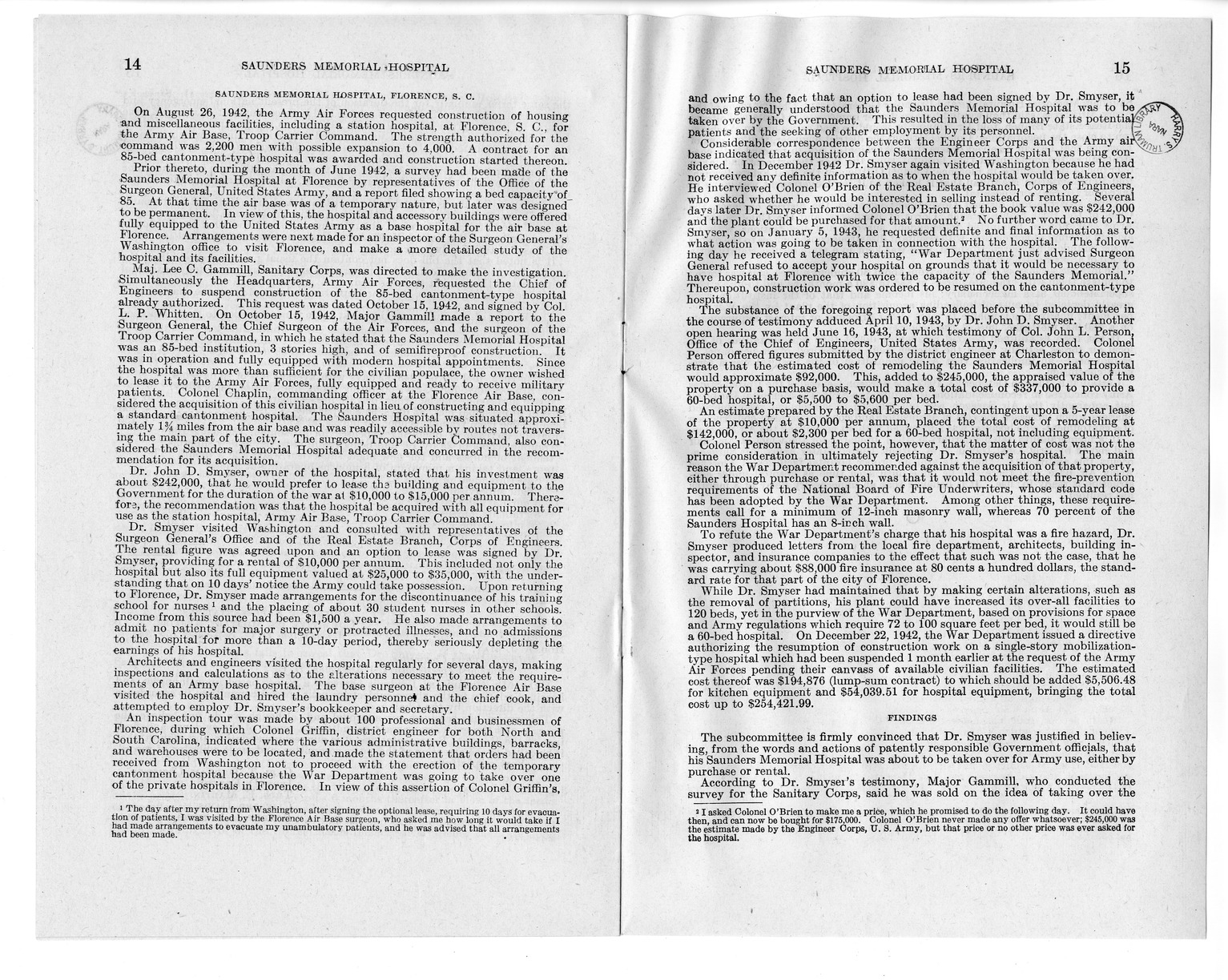 Memorandum from Harold D. Smith to M. C. Latta, H. R. 1793, To Confer Jurisdiction Upon the United States District Court for the Eastern District of South Carolina to Hear, Determine, and Render Judgment Upon the Claim of the Board of Trustees of the Saunders Memorial Hospital, with Attachments