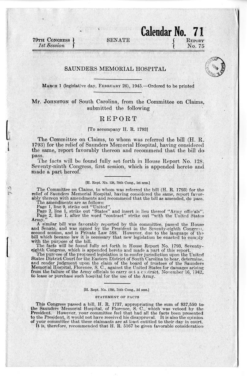 Memorandum from Harold D. Smith to M. C. Latta, H. R. 1793, To Confer Jurisdiction Upon the United States District Court for the Eastern District of South Carolina to Hear, Determine, and Render Judgment Upon the Claim of the Board of Trustees of the Saunders Memorial Hospital, with Attachments