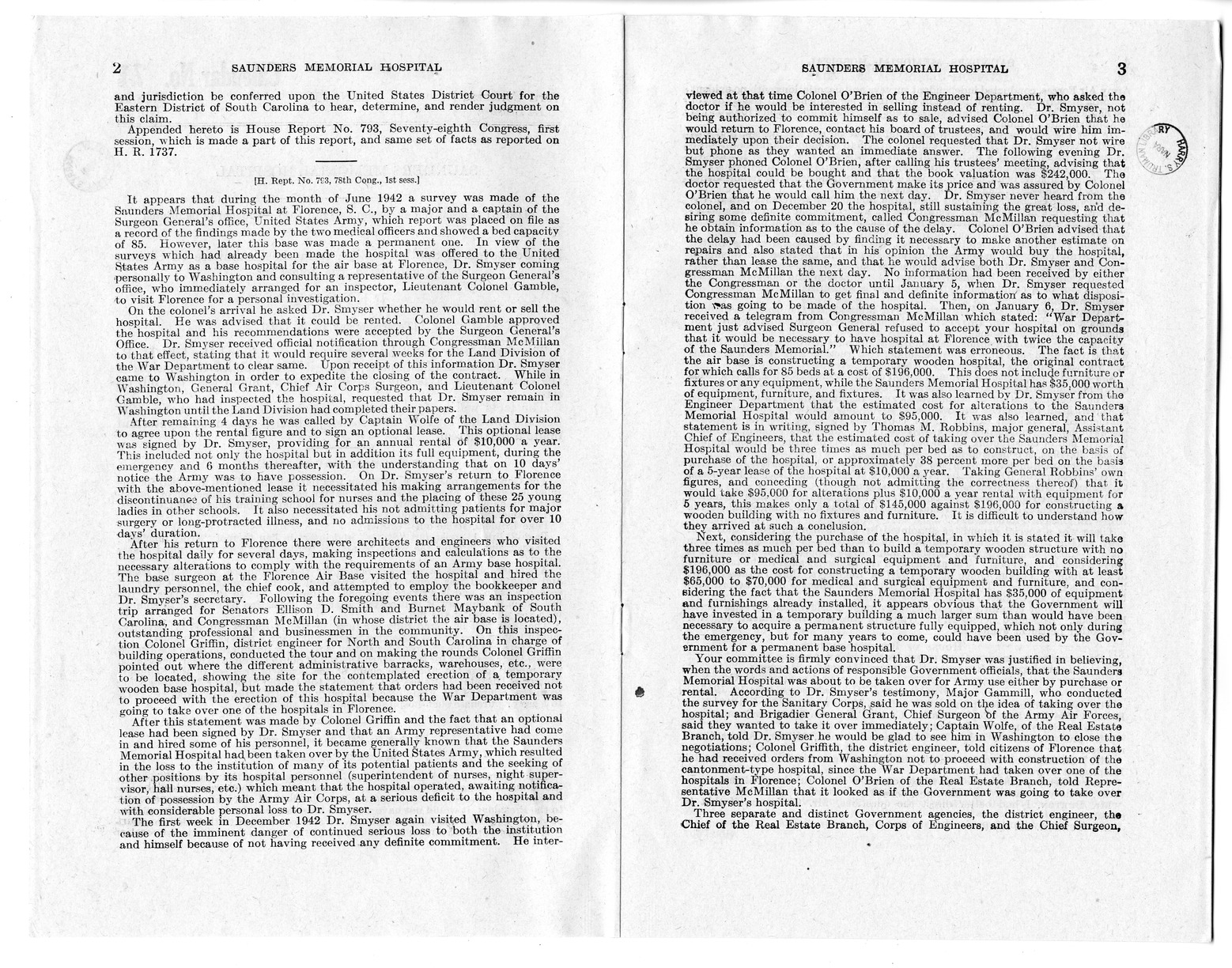 Memorandum from Harold D. Smith to M. C. Latta, H. R. 1793, To Confer Jurisdiction Upon the United States District Court for the Eastern District of South Carolina to Hear, Determine, and Render Judgment Upon the Claim of the Board of Trustees of the Saunders Memorial Hospital, with Attachments