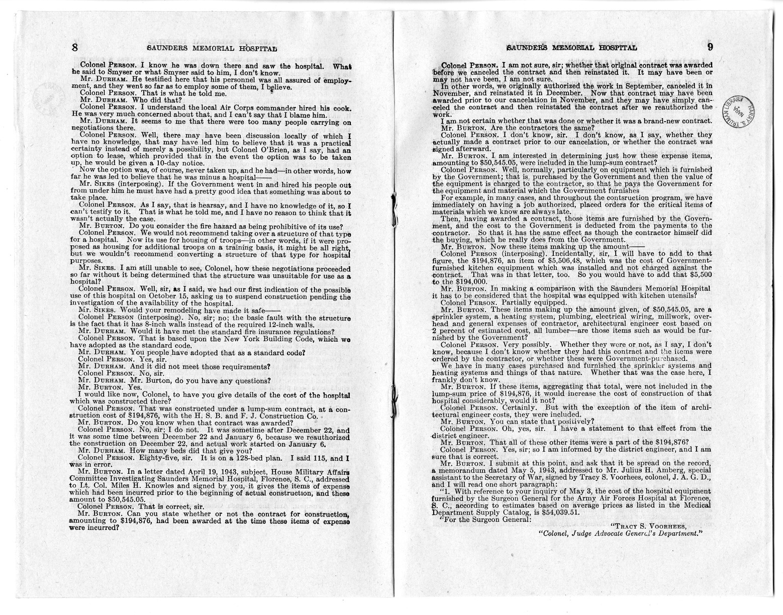 Memorandum from Harold D. Smith to M. C. Latta, H. R. 1793, To Confer Jurisdiction Upon the United States District Court for the Eastern District of South Carolina to Hear, Determine, and Render Judgment Upon the Claim of the Board of Trustees of the Saunders Memorial Hospital, with Attachments