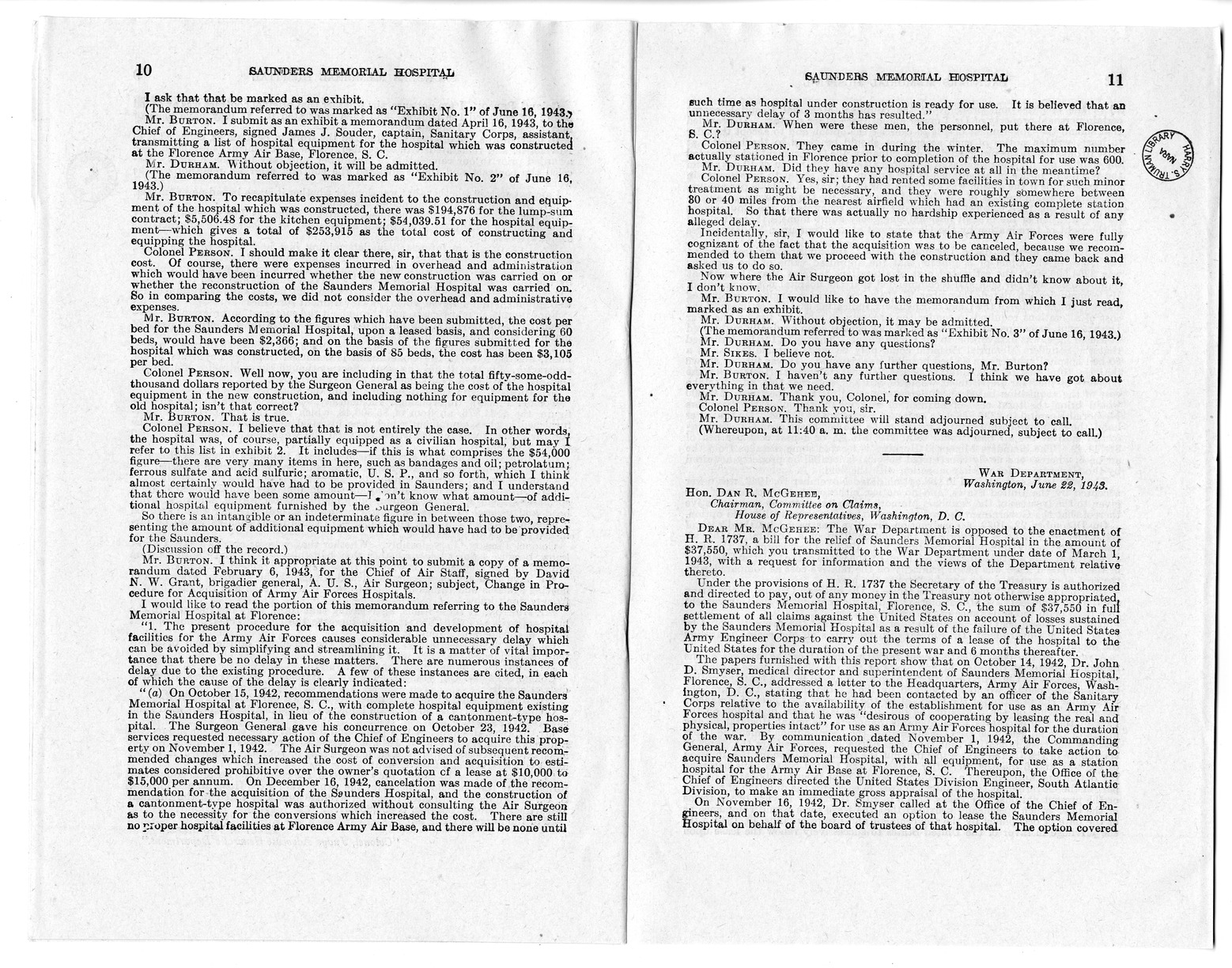 Memorandum from Harold D. Smith to M. C. Latta, H. R. 1793, To Confer Jurisdiction Upon the United States District Court for the Eastern District of South Carolina to Hear, Determine, and Render Judgment Upon the Claim of the Board of Trustees of the Saunders Memorial Hospital, with Attachments