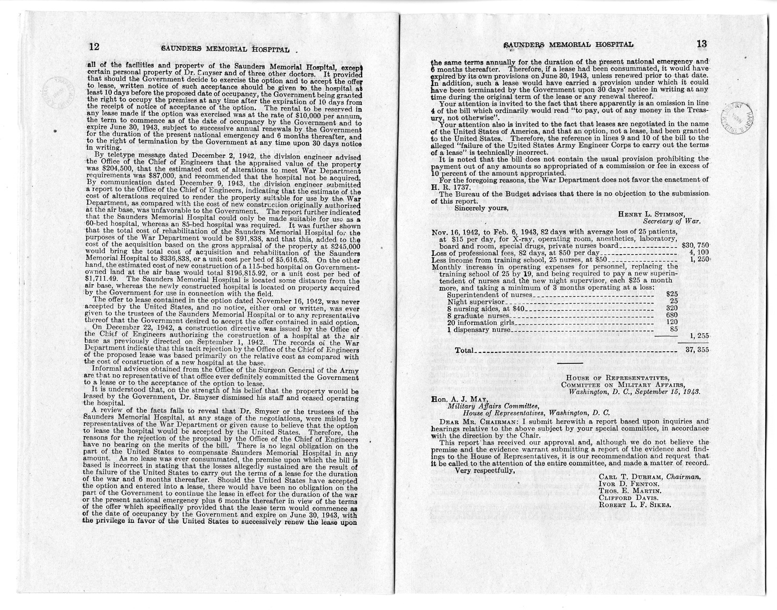 Memorandum from Harold D. Smith to M. C. Latta, H. R. 1793, To Confer Jurisdiction Upon the United States District Court for the Eastern District of South Carolina to Hear, Determine, and Render Judgment Upon the Claim of the Board of Trustees of the Saunders Memorial Hospital, with Attachments