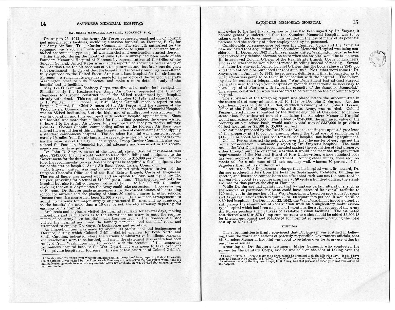 Memorandum from Harold D. Smith to M. C. Latta, H. R. 1793, To Confer Jurisdiction Upon the United States District Court for the Eastern District of South Carolina to Hear, Determine, and Render Judgment Upon the Claim of the Board of Trustees of the Saunders Memorial Hospital, with Attachments