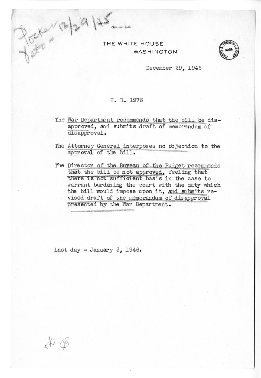 Memorandum from Harold D. Smith to M. C. Latta, H. R. 1976, Conferring Jurisdiction Upon the Court of Claims to Hear, Determine, and Render Judgment Upon the Claim of Eagle Packet Company, Incorporated, with Attachments