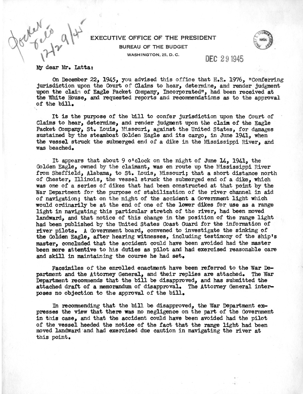 Memorandum from Harold D. Smith to M. C. Latta, H. R. 1976, Conferring Jurisdiction Upon the Court of Claims to Hear, Determine, and Render Judgment Upon the Claim of Eagle Packet Company, Incorporated, with Attachments