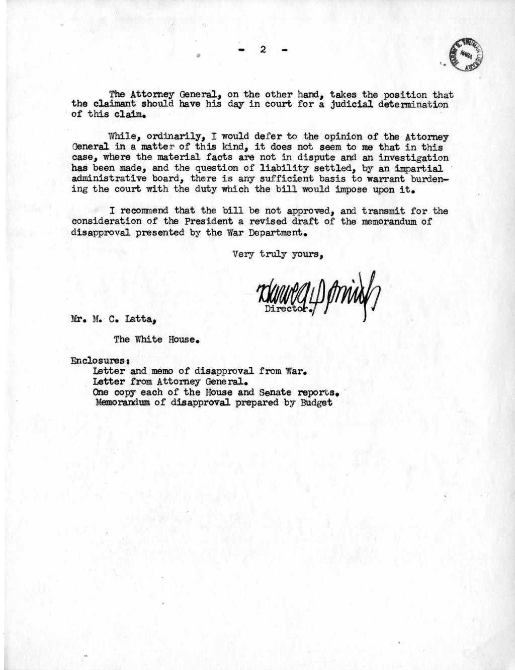 Memorandum from Harold D. Smith to M. C. Latta, H. R. 1976, Conferring Jurisdiction Upon the Court of Claims to Hear, Determine, and Render Judgment Upon the Claim of Eagle Packet Company, Incorporated, with Attachments