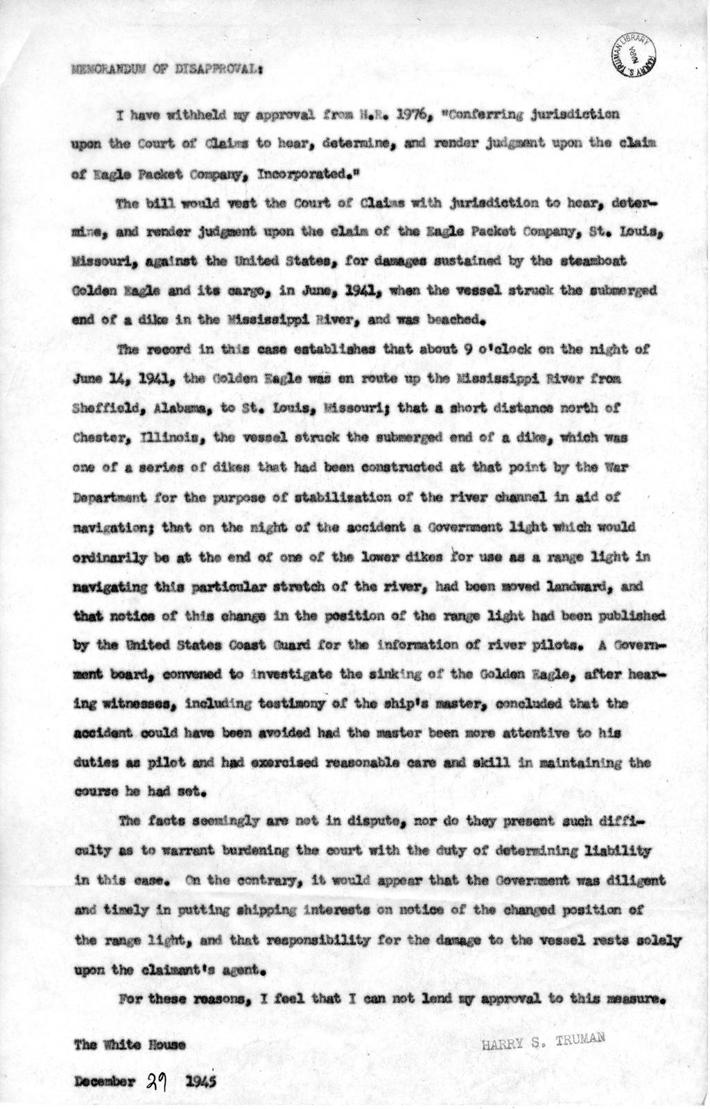 Memorandum from Harold D. Smith to M. C. Latta, H. R. 1976, Conferring Jurisdiction Upon the Court of Claims to Hear, Determine, and Render Judgment Upon the Claim of Eagle Packet Company, Incorporated, with Attachments