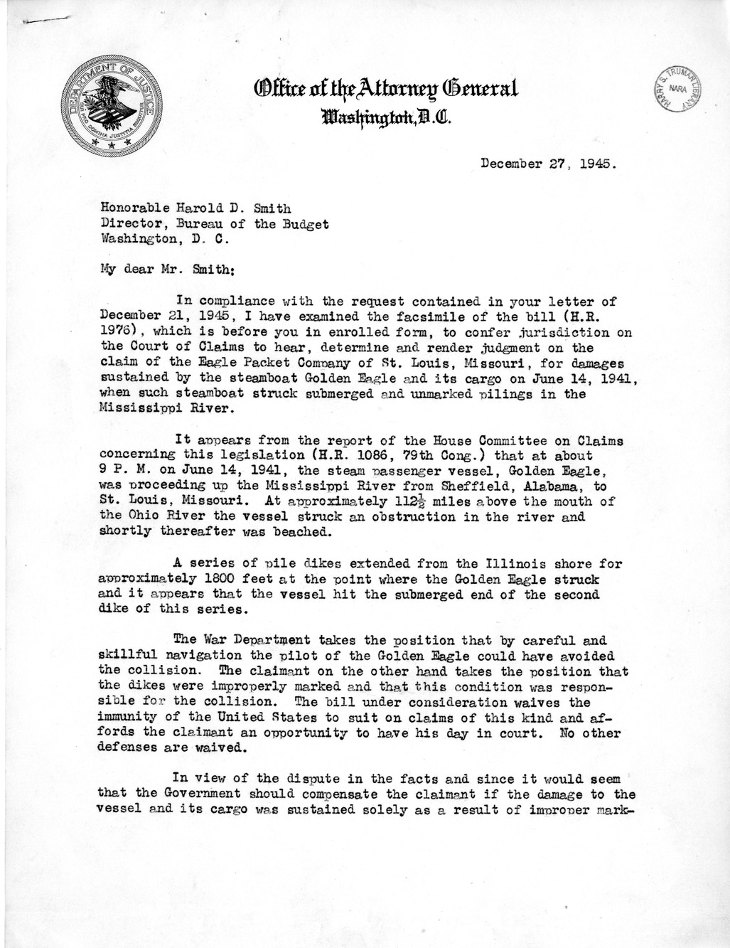 Memorandum from Harold D. Smith to M. C. Latta, H. R. 1976, Conferring Jurisdiction Upon the Court of Claims to Hear, Determine, and Render Judgment Upon the Claim of Eagle Packet Company, Incorporated, with Attachments