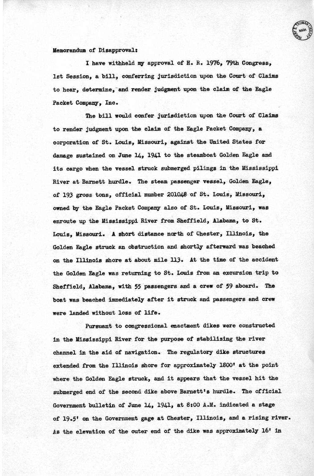 Memorandum from Harold D. Smith to M. C. Latta, H. R. 1976, Conferring Jurisdiction Upon the Court of Claims to Hear, Determine, and Render Judgment Upon the Claim of Eagle Packet Company, Incorporated, with Attachments