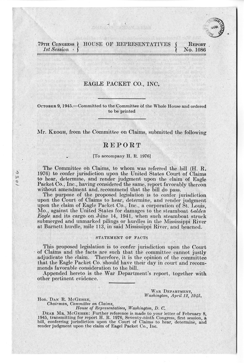 Memorandum from Harold D. Smith to M. C. Latta, H. R. 1976, Conferring Jurisdiction Upon the Court of Claims to Hear, Determine, and Render Judgment Upon the Claim of Eagle Packet Company, Incorporated, with Attachments