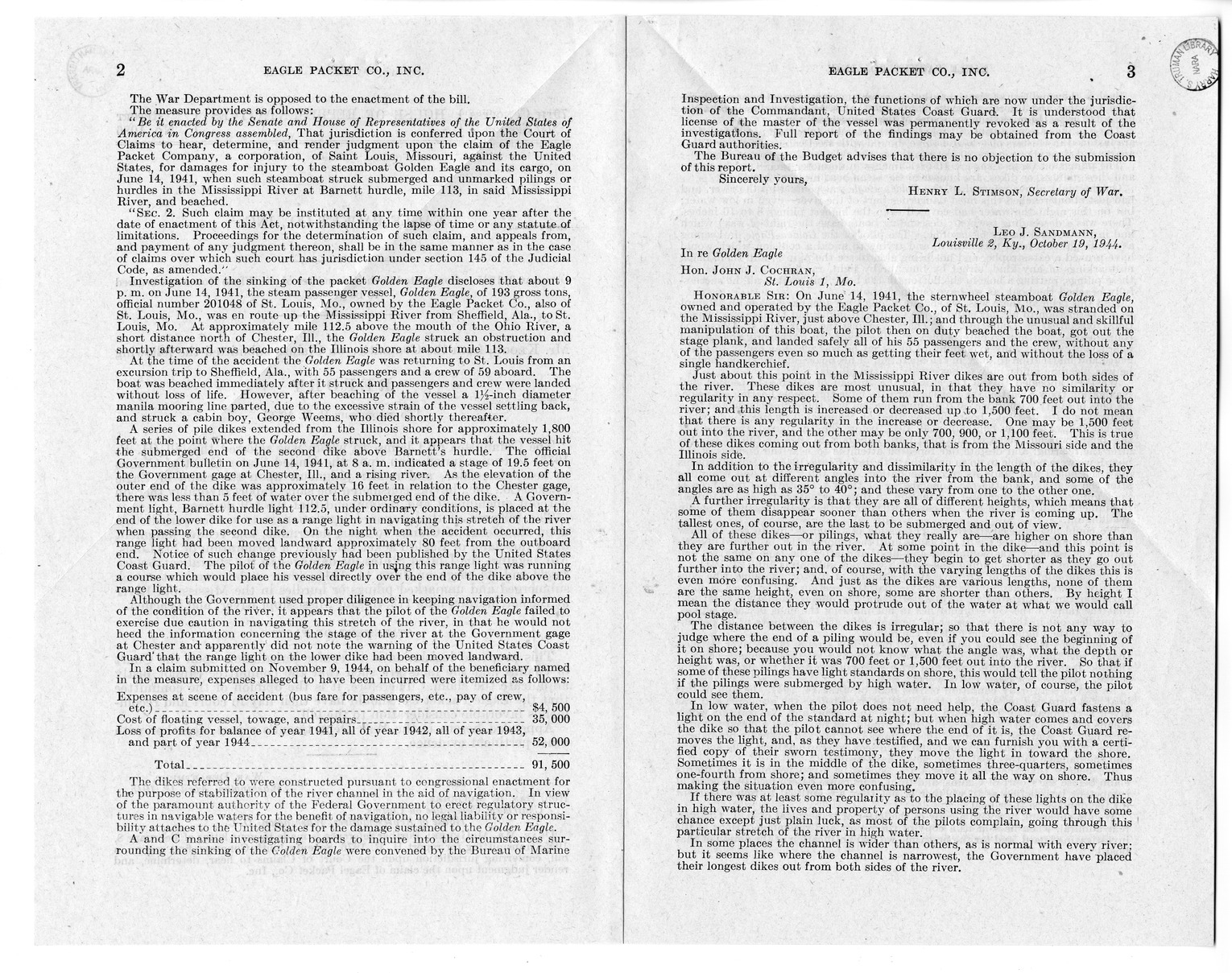 Memorandum from Harold D. Smith to M. C. Latta, H. R. 1976, Conferring Jurisdiction Upon the Court of Claims to Hear, Determine, and Render Judgment Upon the Claim of Eagle Packet Company, Incorporated, with Attachments