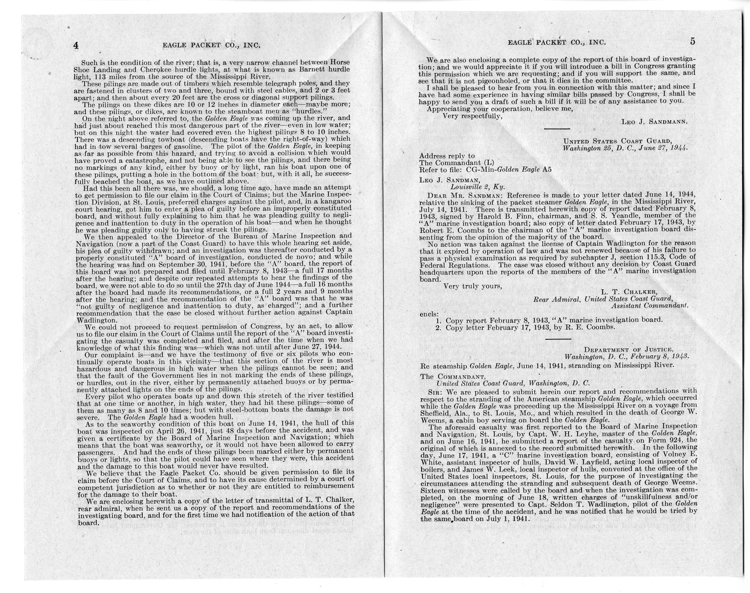 Memorandum from Harold D. Smith to M. C. Latta, H. R. 1976, Conferring Jurisdiction Upon the Court of Claims to Hear, Determine, and Render Judgment Upon the Claim of Eagle Packet Company, Incorporated, with Attachments