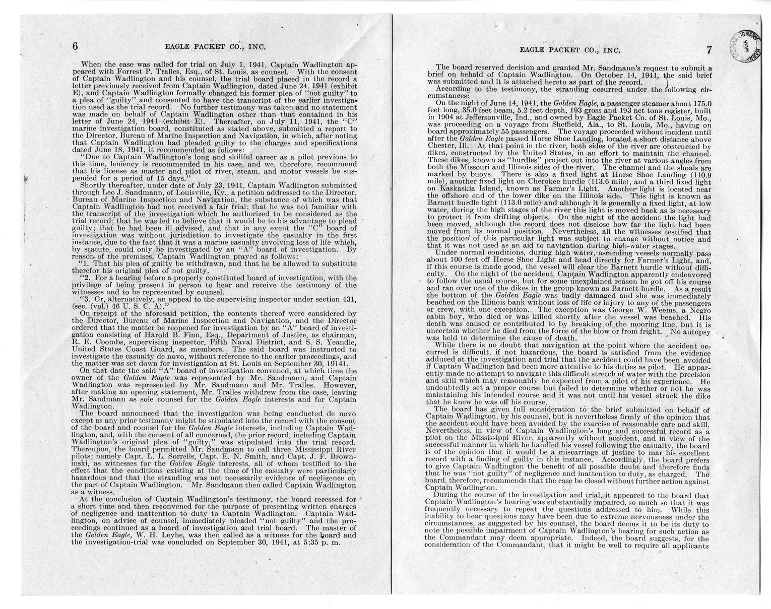 Memorandum from Harold D. Smith to M. C. Latta, H. R. 1976, Conferring Jurisdiction Upon the Court of Claims to Hear, Determine, and Render Judgment Upon the Claim of Eagle Packet Company, Incorporated, with Attachments