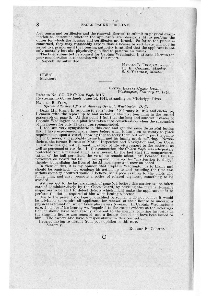 Memorandum from Harold D. Smith to M. C. Latta, H. R. 1976, Conferring Jurisdiction Upon the Court of Claims to Hear, Determine, and Render Judgment Upon the Claim of Eagle Packet Company, Incorporated, with Attachments