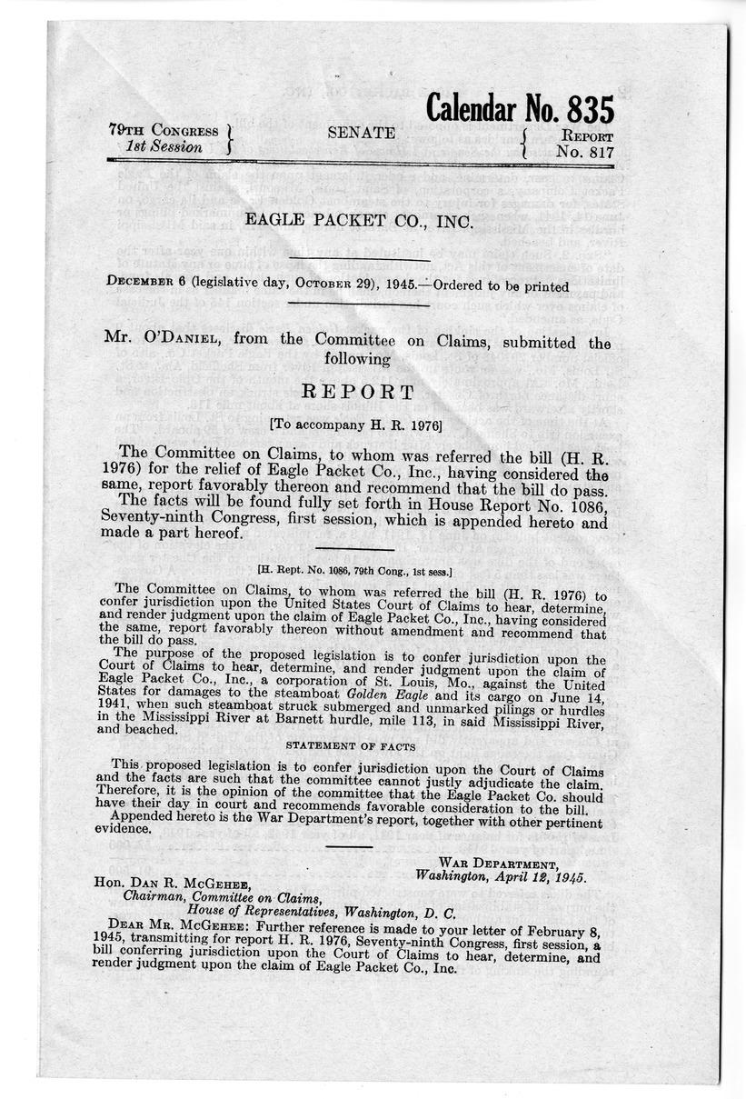 Memorandum from Harold D. Smith to M. C. Latta, H. R. 1976, Conferring Jurisdiction Upon the Court of Claims to Hear, Determine, and Render Judgment Upon the Claim of Eagle Packet Company, Incorporated, with Attachments