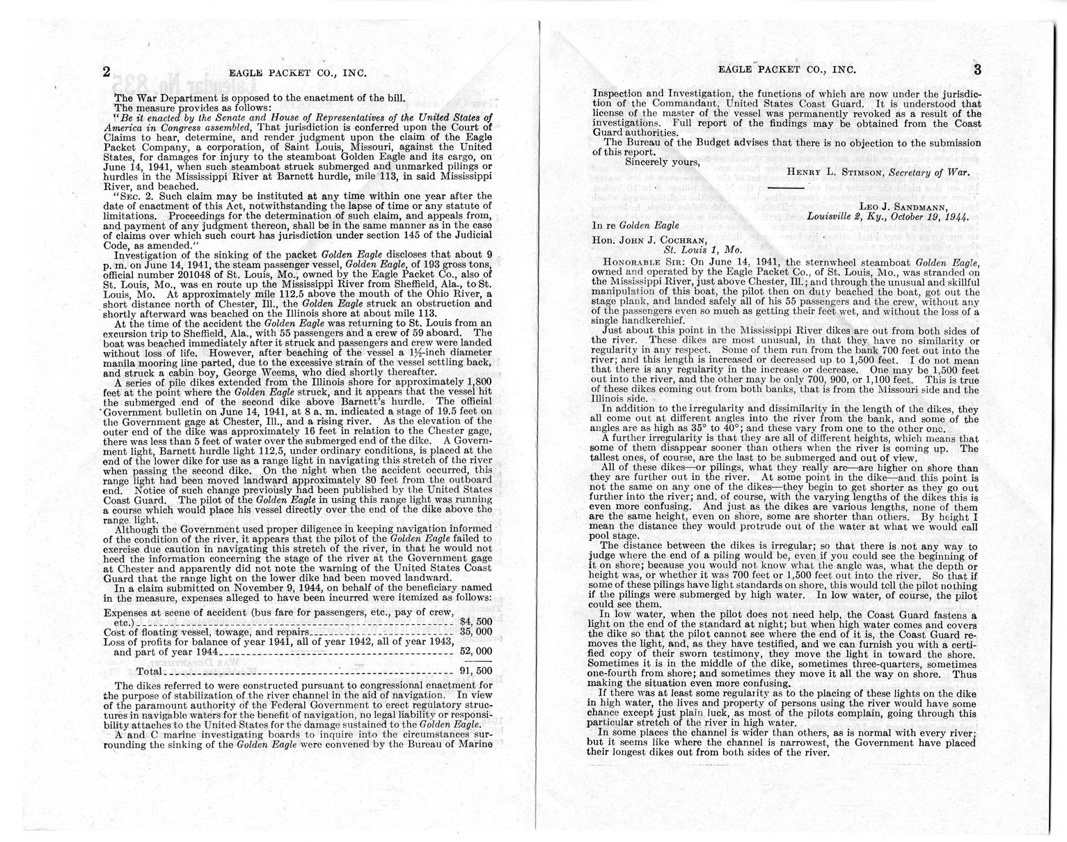 Memorandum from Harold D. Smith to M. C. Latta, H. R. 1976, Conferring Jurisdiction Upon the Court of Claims to Hear, Determine, and Render Judgment Upon the Claim of Eagle Packet Company, Incorporated, with Attachments