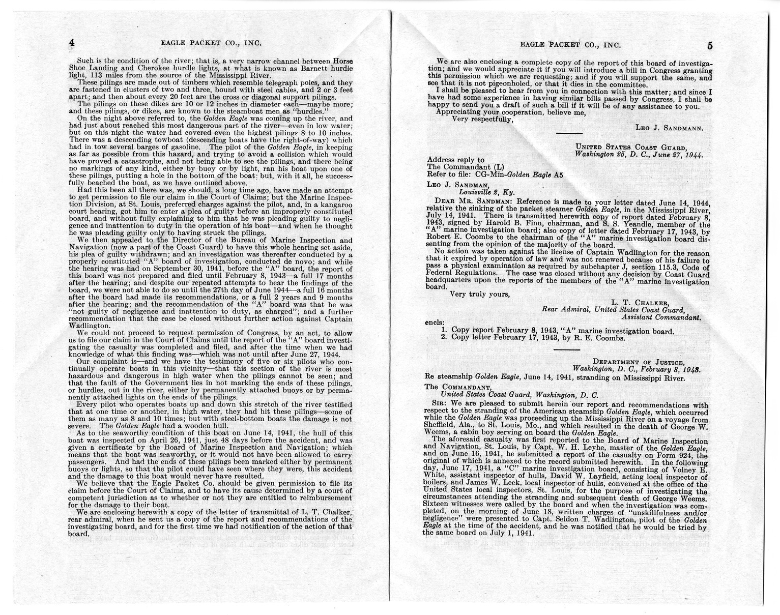 Memorandum from Harold D. Smith to M. C. Latta, H. R. 1976, Conferring Jurisdiction Upon the Court of Claims to Hear, Determine, and Render Judgment Upon the Claim of Eagle Packet Company, Incorporated, with Attachments