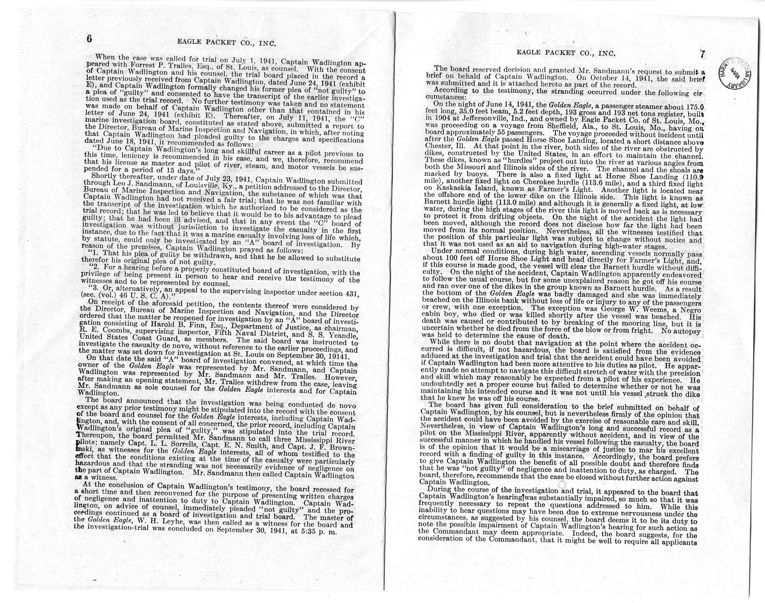 Memorandum from Harold D. Smith to M. C. Latta, H. R. 1976, Conferring Jurisdiction Upon the Court of Claims to Hear, Determine, and Render Judgment Upon the Claim of Eagle Packet Company, Incorporated, with Attachments