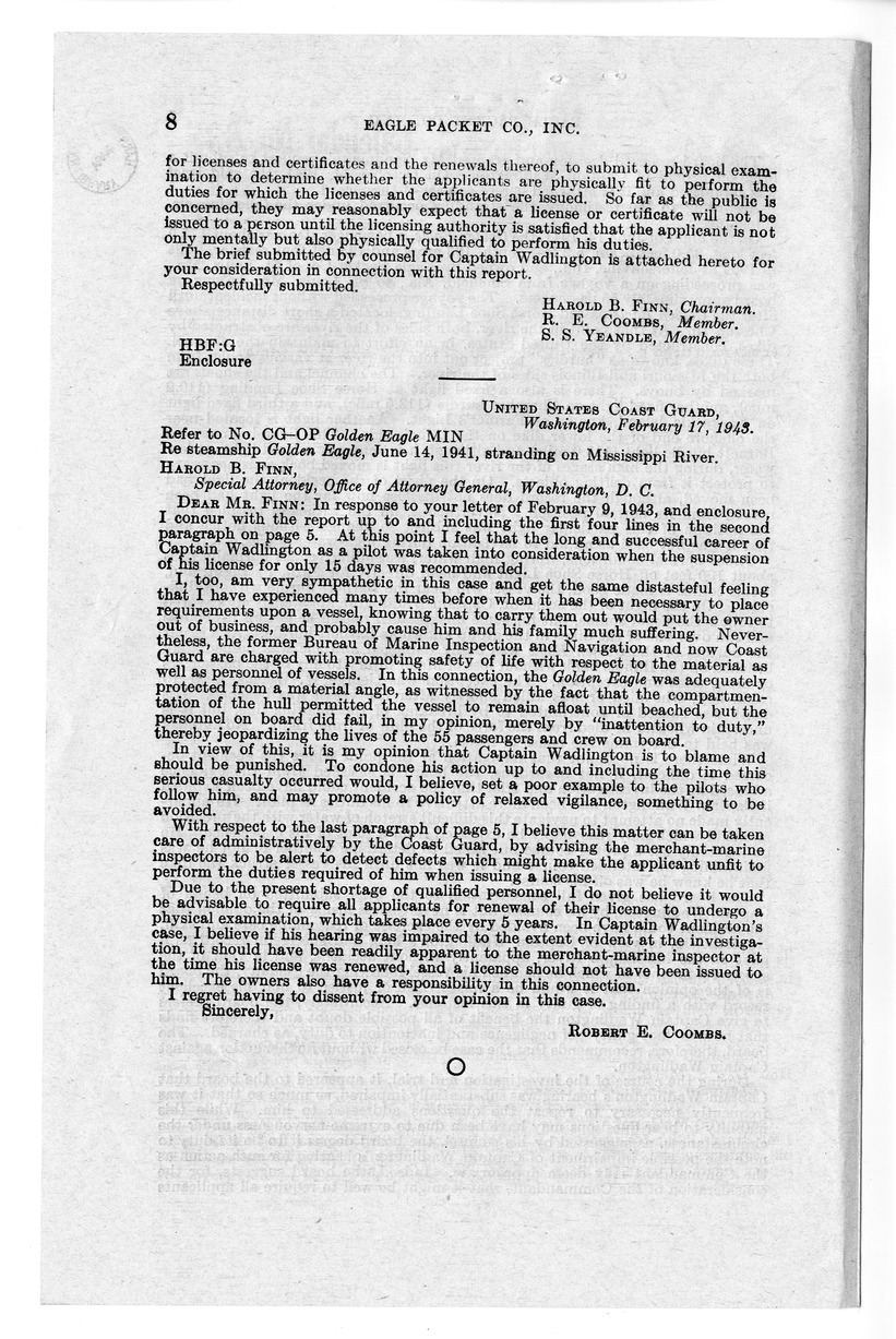 Memorandum from Harold D. Smith to M. C. Latta, H. R. 1976, Conferring Jurisdiction Upon the Court of Claims to Hear, Determine, and Render Judgment Upon the Claim of Eagle Packet Company, Incorporated, with Attachments