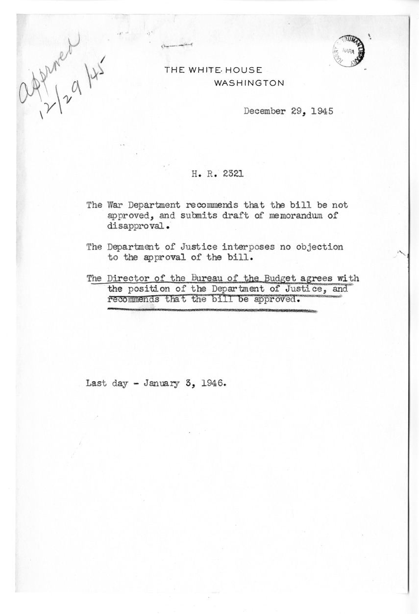 Memorandum from Harold D. Smith to M. C. Latta, H. R. 2321, For the Relief of the Springfield Co-operative Bank, with Attachments