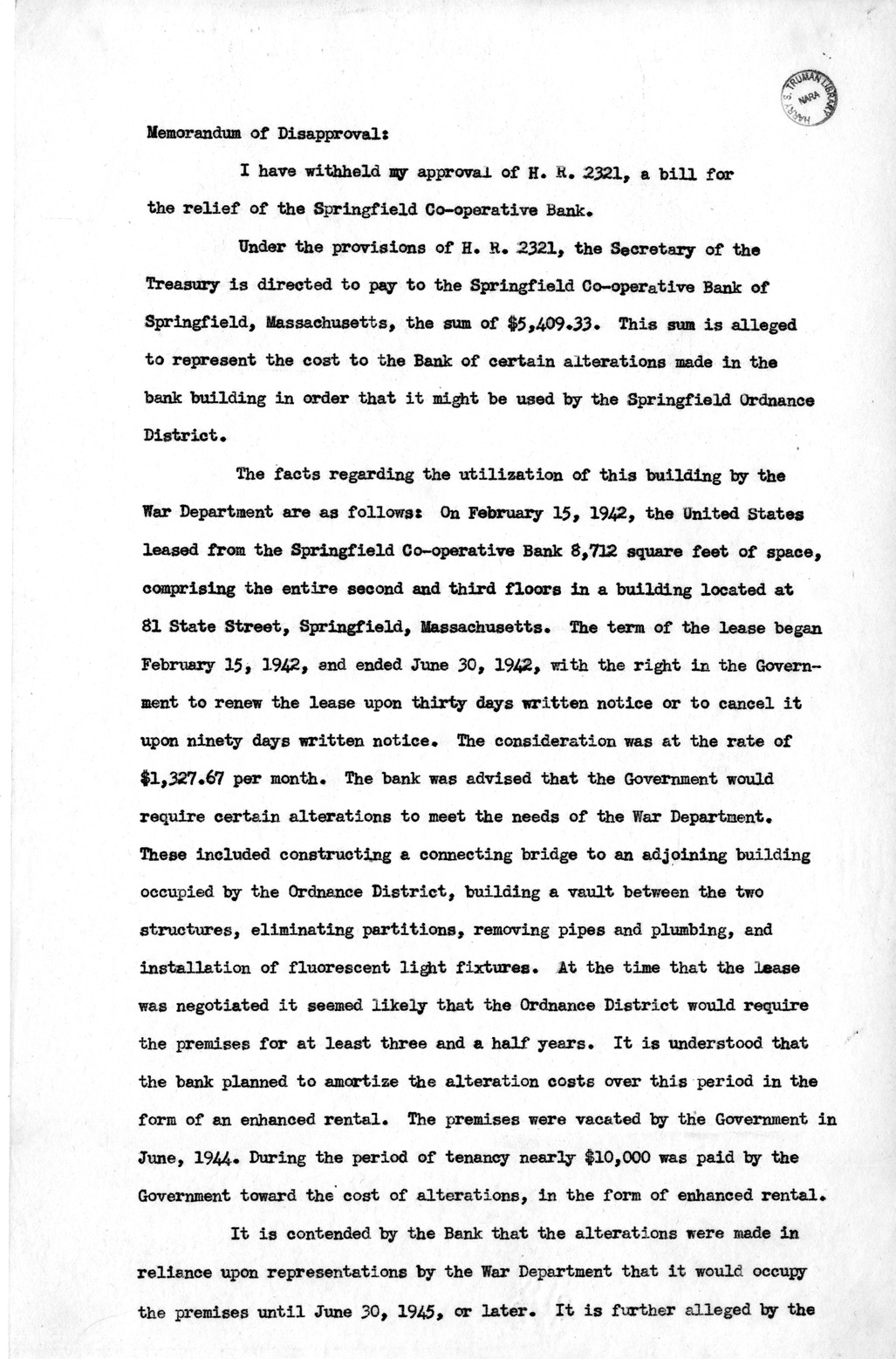 Memorandum from Harold D. Smith to M. C. Latta, H. R. 2321, For the Relief of the Springfield Co-operative Bank, with Attachments